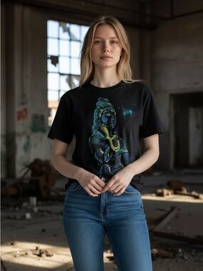 Black Lord Shiva T-Shirt with Neon Snake Graphic New